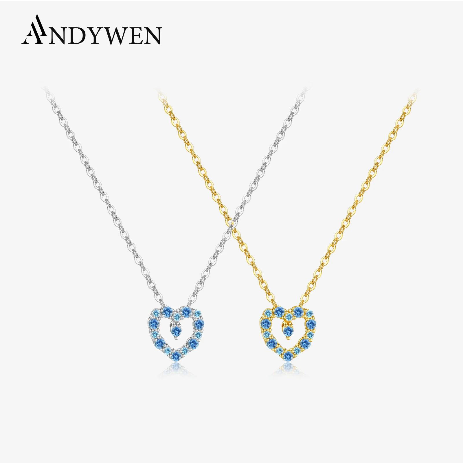 

ANDYWEN 925 Серебристо-синее ожерелье с фианитом в форме сердца, кулон «Любовь» с тоном циркония, романтическая подарочная коробка для ювелирных изделий для женщин, универсальная повседневная одежда