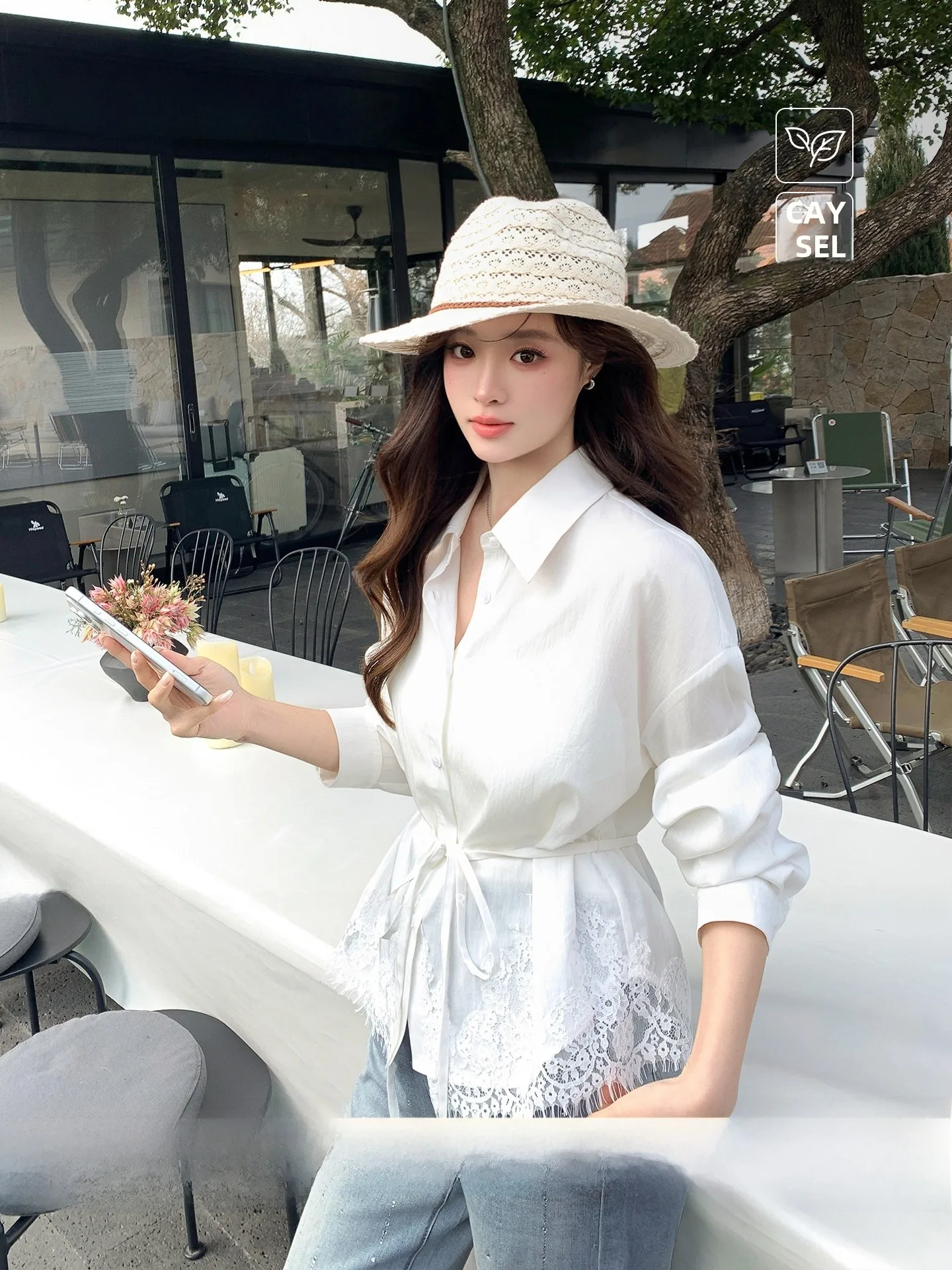 

Ele Long Sve Ruffle Hem Blouse Women's Slim Fit Patchwork Lace Detailing Korean Sle Casual Wear Spring New Arrival