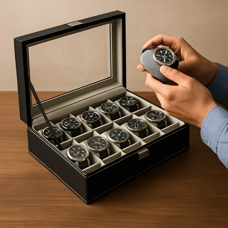 PU Leather Display Organizer Box with Glass Lid, Multiple Compartments for Watches and Jewelry Storage, Men's Accessory Case