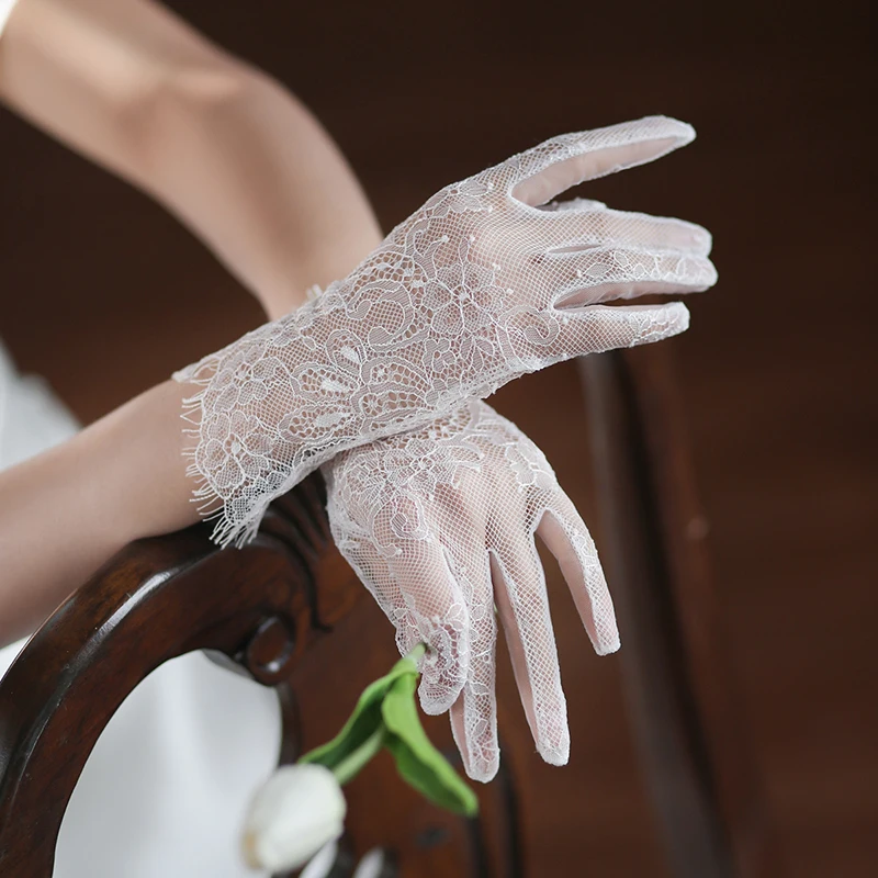 Women White Lace Thin Floral Embroidery Long Aesthetic Gloves High Quality Breathable Soft Etiquette Stage Performance