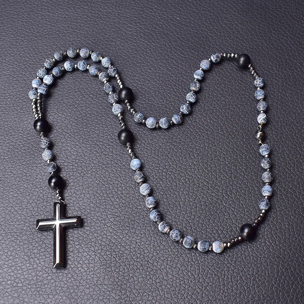 Weathered Agate Catholic Rosary Necklace Hematite Cross Necklace for  Man Women Handmade Vintage Jewelry Dropship