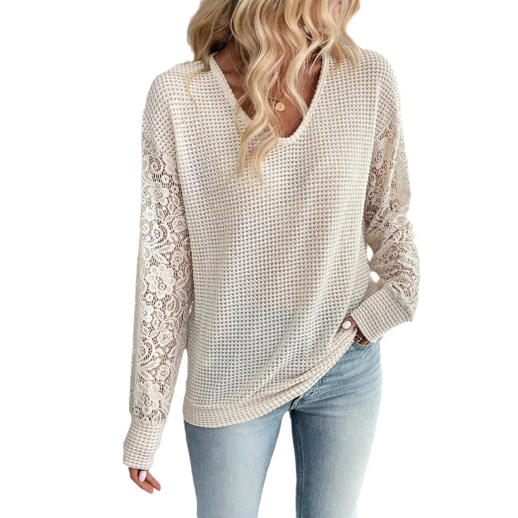 Cross-border 2026 Autumn and Winter New Elegant Solid Color V-neck Lace Splicing Long-sleeved T-shirt Top Women Cw52763