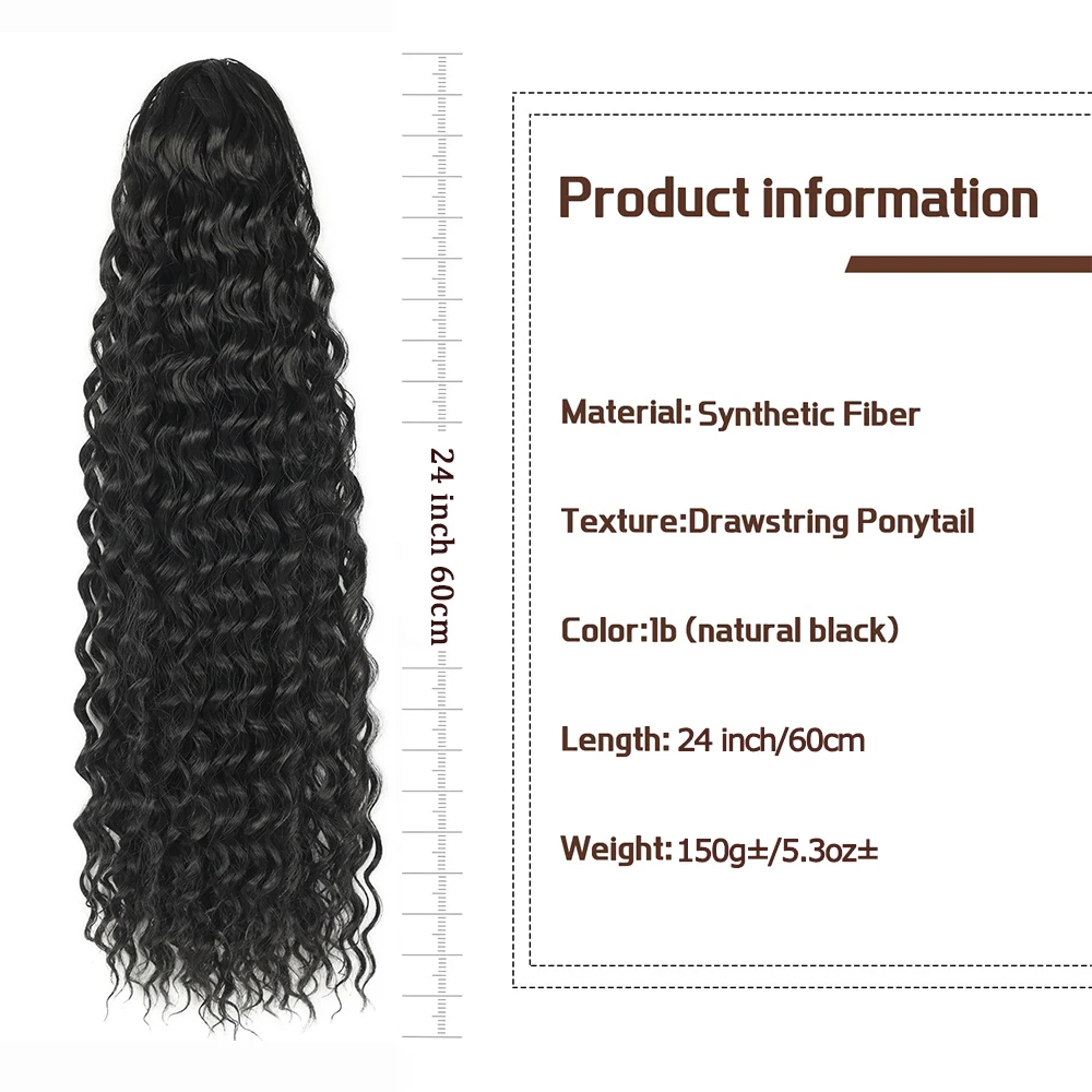 24 Zoll verworrener lockiger Pferdeschwanz, weiche synthetische Haarverlängerung, Kordelzug, Pferdeschwanz-Haarteile, schwarzer Clip-in-Pferdeschwanz für Frauen – Detail 7