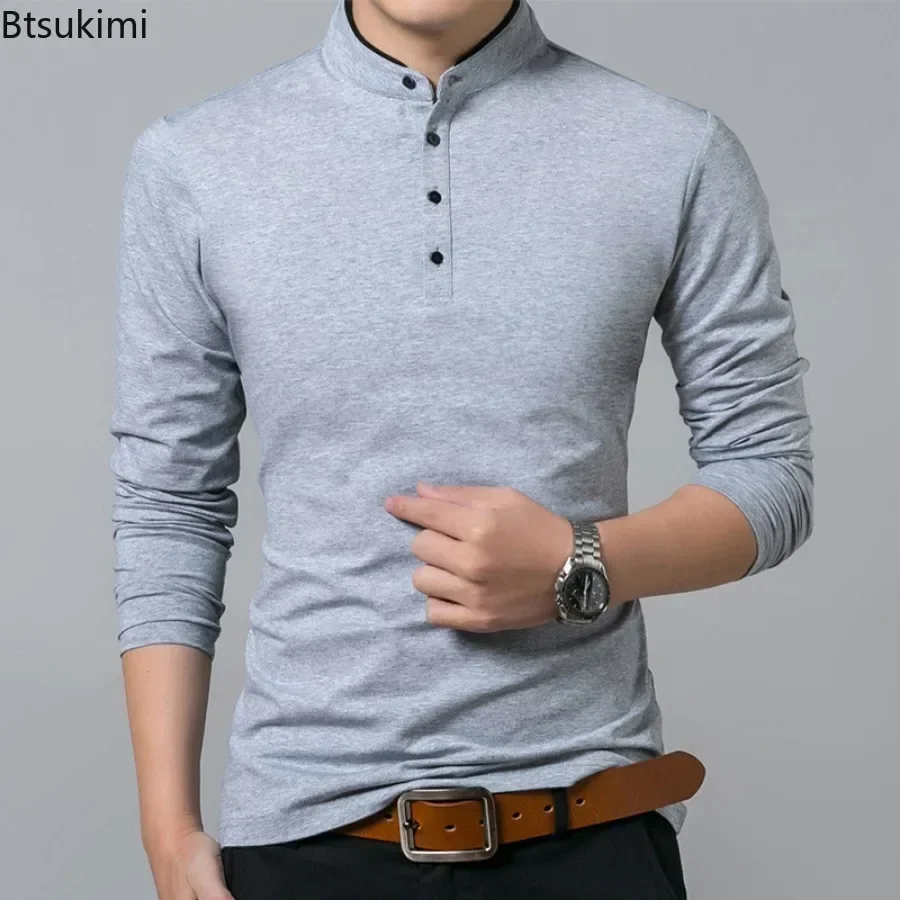 

New2025 Spring Autumn Men's Polo Shirts Long Sleeve Stand Collar Solid T-shirts Fashion Casual Cotton Breath Tops Shirts for Men