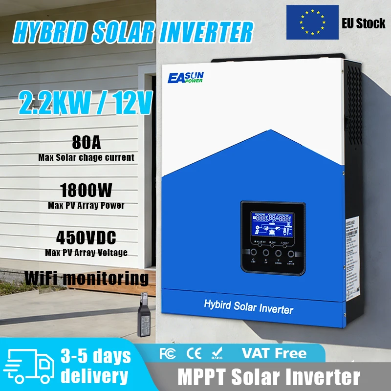 EASUN POWER 2.2KW 12V Hybride Solar Inverter Pure Sine Inverter 230V met MPPT 80A Solar Charge Controller PV Ingang 450V EU Voorraad