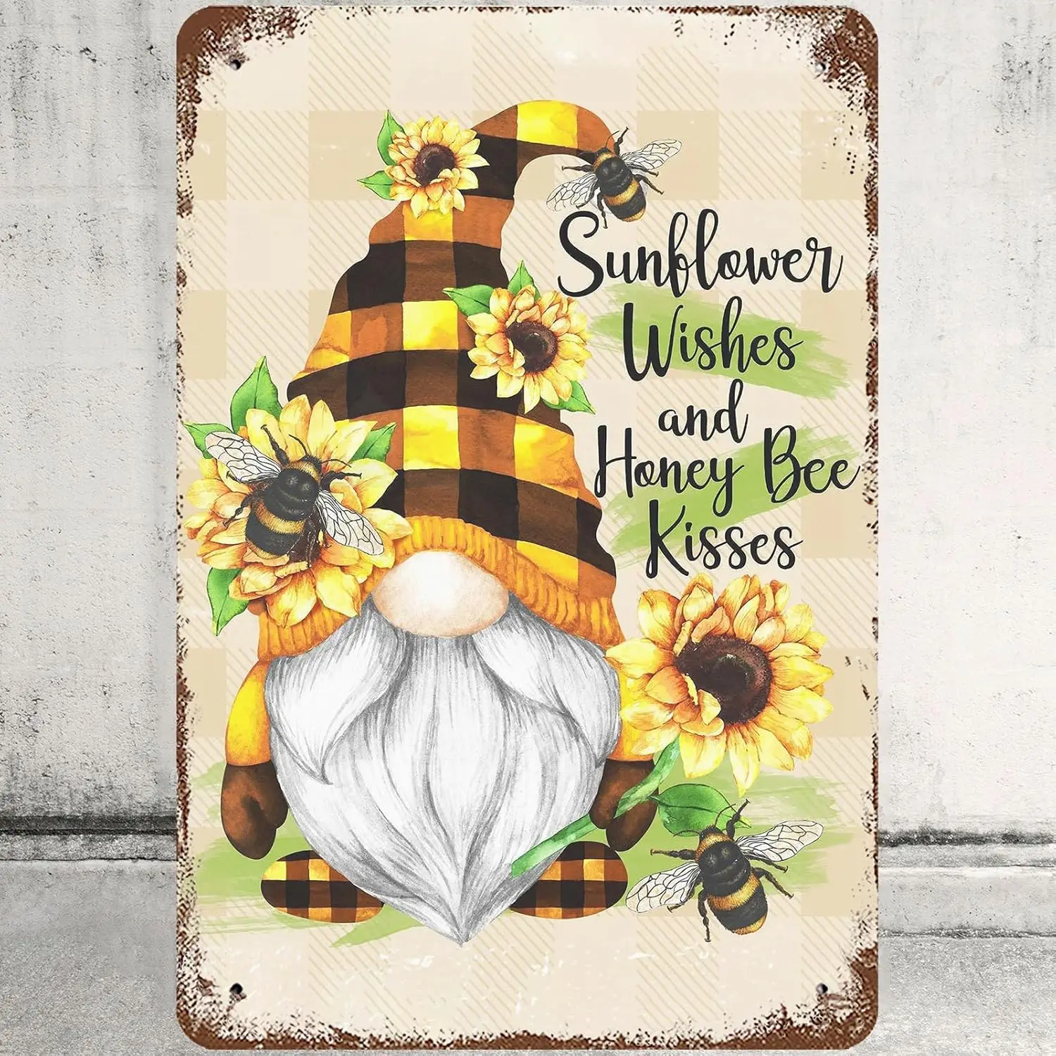 Sunflower And Honey Bee Kisses Thanksgiving Harvest Fall Gnome Vintage Metal tin Sign Plaque Wall Decor Look Funny Gifts for