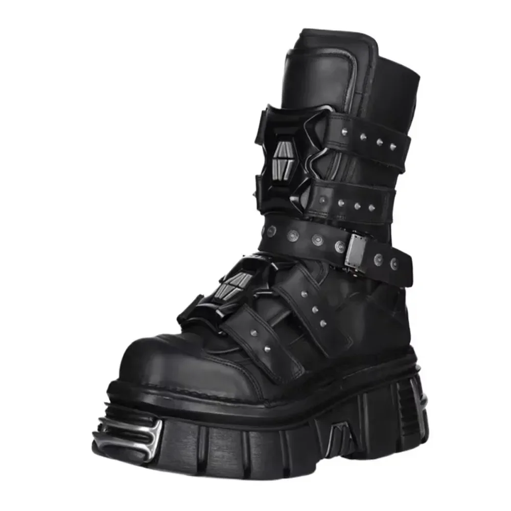 Men's Fashion Genuine Leather Motorcycle Boots Metal Punk Mid-calf Platform Rivet Male Black Designer Western Boots Non-Slip