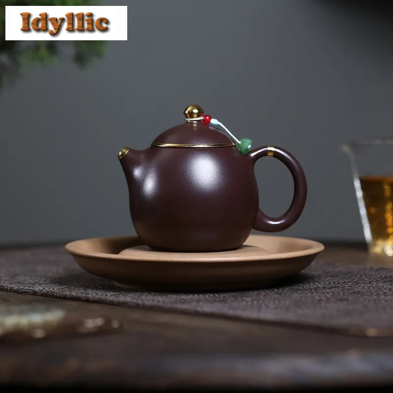 

250ml Yixing Purple Clay Teapots Handmade Gold Drawing Dragon Egg Pot Raw Ore Purple Mud Tea Soaking Kettle Zisha Tea Set Craft