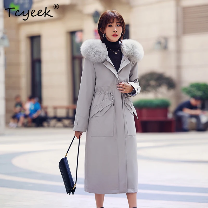 Tcyeek 가을 겨울 탈부착 가능한 수달 토끼털 안감 가을 겨울 고급 후드 롱 여성 파카 퍼 여성용