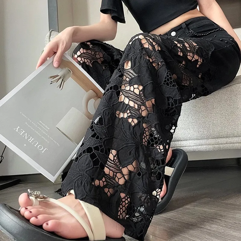 빈티지 엘레강스 여성 팬츠 귀여운 청바지 하이웨이스트 패션 홀로우 레이스 패치워크 데님 Y2K 팬츠