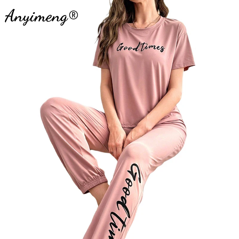 Letter Print Pajamas for Women's Short Sleeve Long Pants Homewear Sport Style Woman Pajama Fashion Milk Silk Loungewear