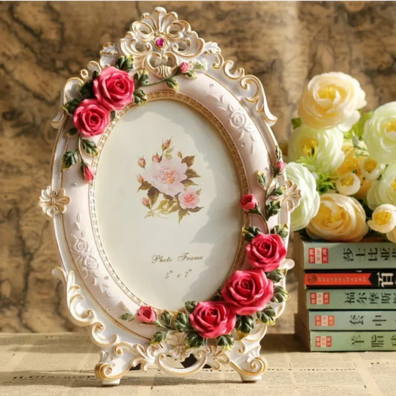 European Resin Picture Frames Vintage Rose Flower Elliptic Photo Frames for Wedding Gifts Home Table Decor Framed Art 6/7inch