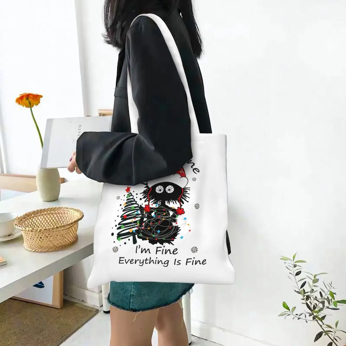 

Funny Cat Meme Black Cat It's Fine I'm Fine Christmas Lights Canvas Tote Bag Aesthetic Unique Design Grocery Bags for Women Men