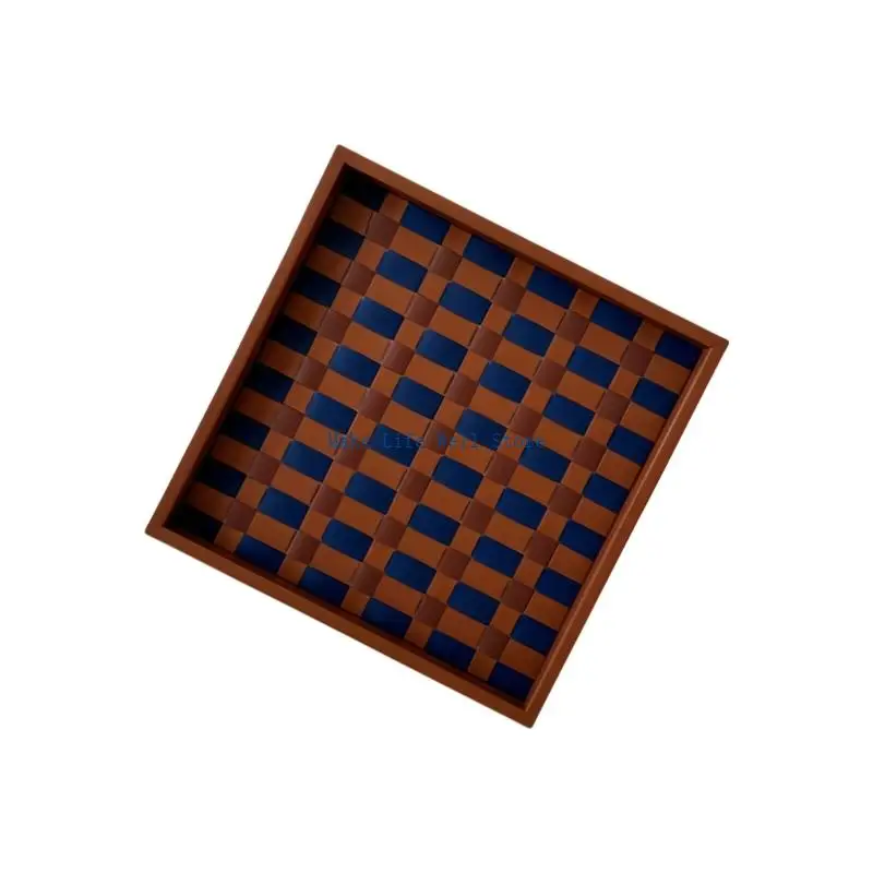  Convenient Blue Gold Brown Checkered Handwoven Saddles Leather Serving Tray Multipurpose Decorative Holder