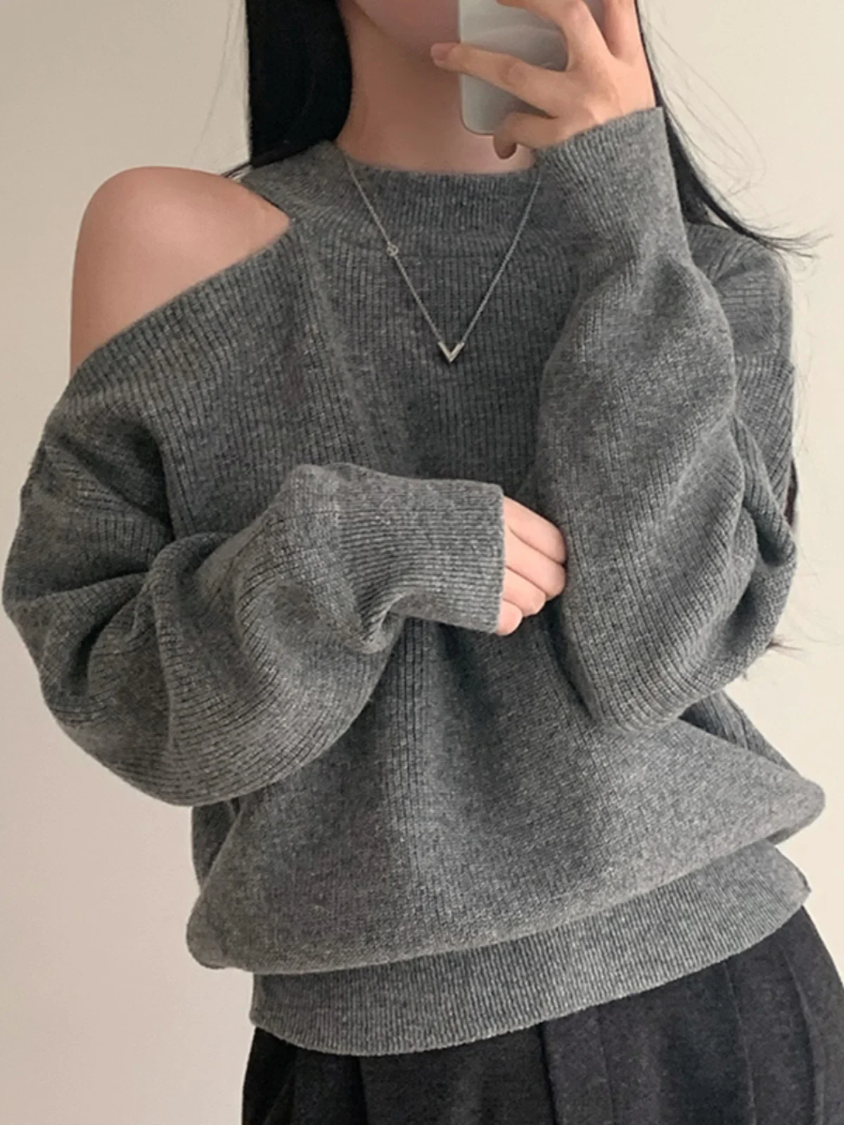 Suéter de Punto Retro Chic, Hombros Descubiertos, Cuello Redondo, Hoado, Informal, Versátil, para Mujer, Otoño Invierno, Mo...