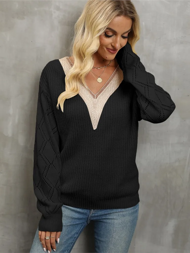 الشتاء ملابس امرأة تسحب فام الخامس الرقبة الدانتيل سترة جديدة فضفاضة بلوزة كاجوال المرأة سترة كل مباراة أسلوب بسيط عصري #1