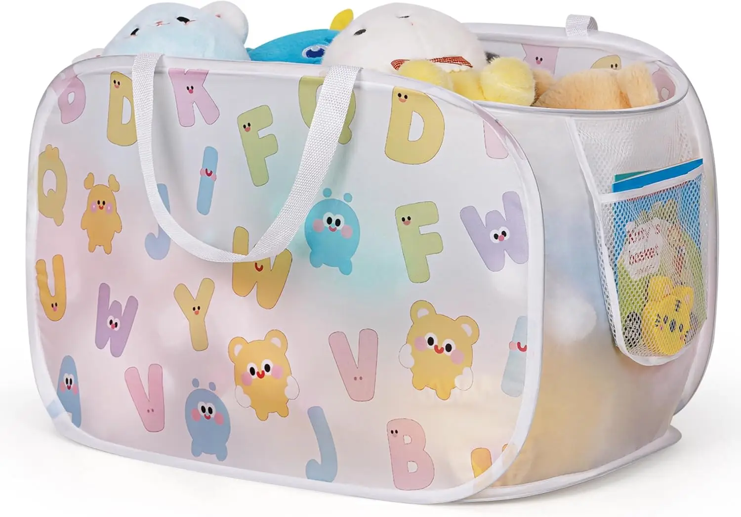 

Pop Up Hamper for Baby Clothes or Toys Storage, Mesh Hamper with Handles & Side Pocket, Multi-Use Laundry Hamper & Toy B