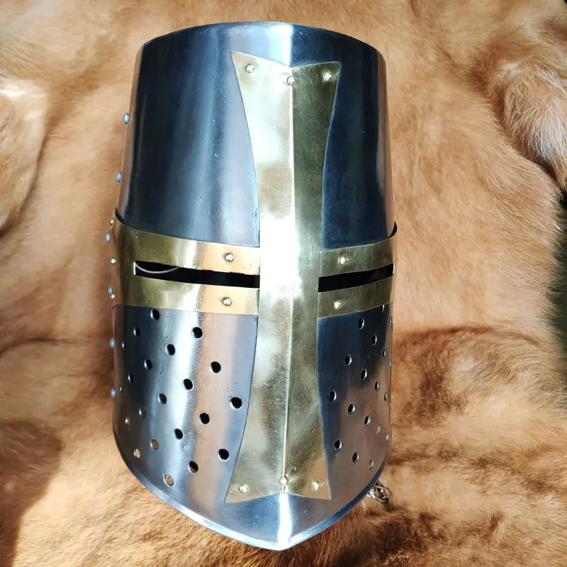 Medieval Crusader Barrel Helmets, Giant Helmets, Brass Decorative Helmets are all sizes and can be worn by real people.