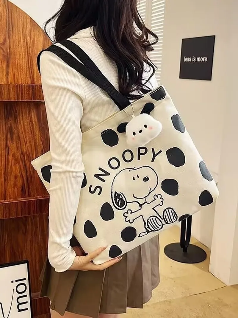 Bolsa de Ombro de Lona com Zíper do Snoopy para Mulheres, Bolsa Tote de Grande Capacidade, Bolsa Casual para Estudantes, Uso Diário, Viagem e Compras