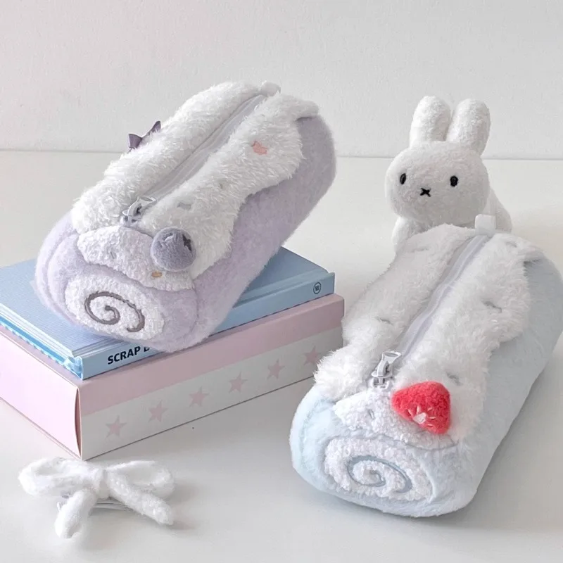 INS Fashion Korean Swiss Roll Plush Pencil Case Student Desktop Large Capacity Storage Stationery Pen Bag Cute Girl Makeup Bag