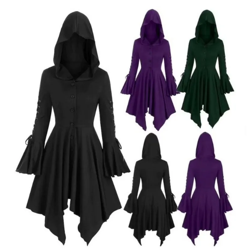 Women's Gothic Medieval Hooded Coat Dress Lace Up Punk Vintage Asymmetrical Hem Button Up Cloak Halloween Witch Costume
