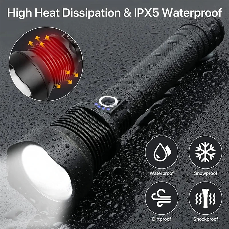 Outdoor LED Rechargeable Flashlights 90000 Lumens 6 Modes Super Bright Zoomable Waterproof for Resistant Camping Torch LED Light