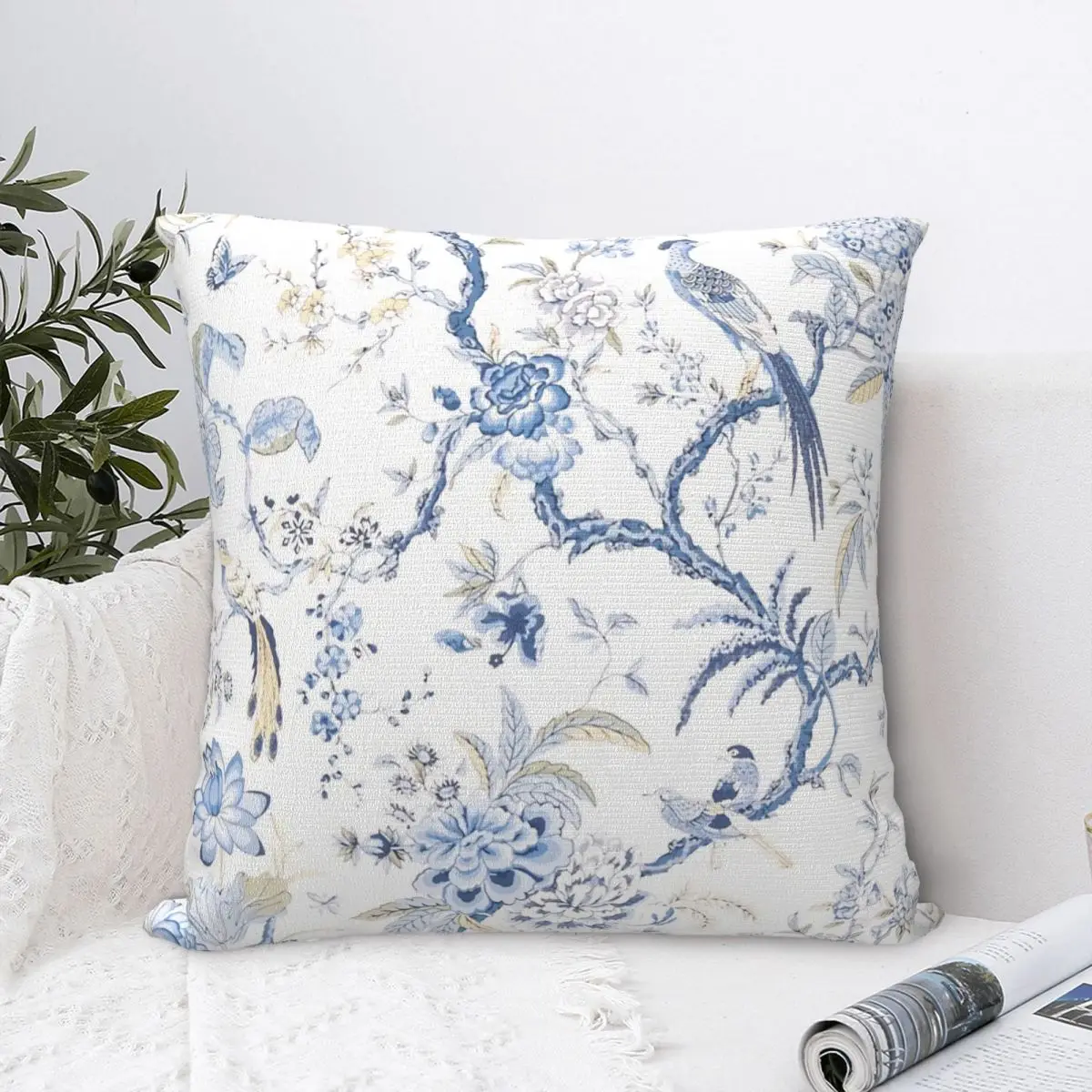 

French Chinoiserie Toile Birds Pillowcase Backpack Cushion For Livingroom DIY Printed Car Throw Pillow Case Decorative