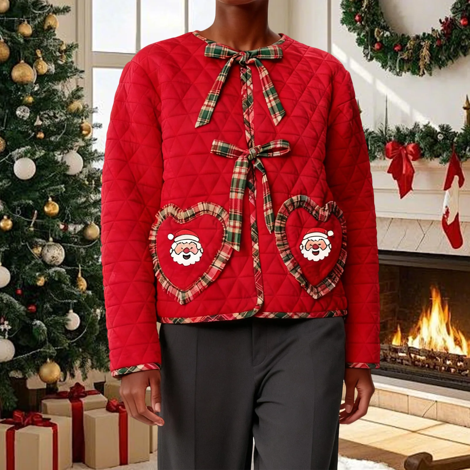 Christmas Women Quilted Jacket Festive Santa Claus Embroidery Long Sleeve Outerwear with 2 Heart Pockets