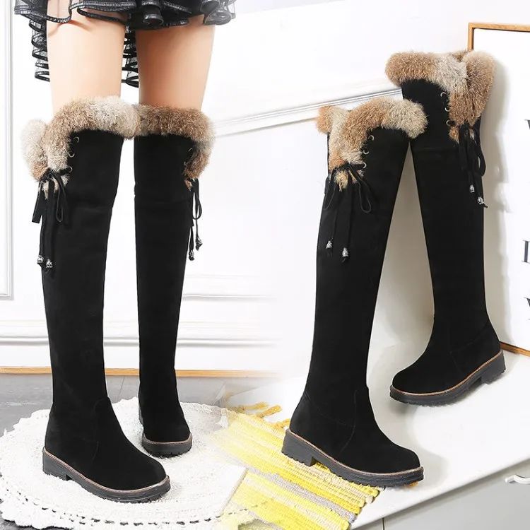 Size34-44 Lady winter boots plush collar knee boot big size warmproof high boots faux wool shoes string lace up snow boots