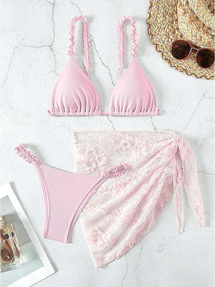 

Новый всесезонный комплект бикини из 3 предметов: сетчатые бикини без спинки с бандажными элементами Vzvn, сексуальный однотонный купальник для пляжного отдыха, женский раздельный купальник-бикини