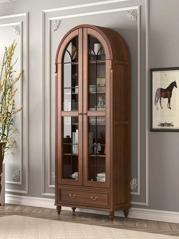 

American solid wood floor standing living room, dust-proof, wall mounted, with glass display cabinet and bookshelf
