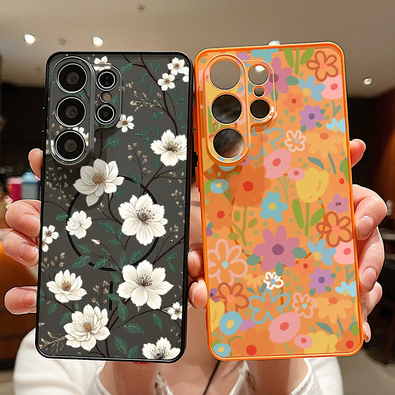 Floral Printed Magnetic Phone Case For Samsung Galaxy S26 S25 S24 S23 Ultra S25 S24 FE A57 A56 A37 A17 A55 A16 A36 A15 A54 Cover