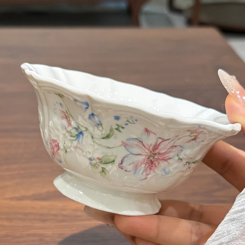Floral Pattern Ceramic Stemmed Bowls Household 5 Inch Underglazed Colour Aesthetic Kitchen Tableware New Salad Dessert Bowl