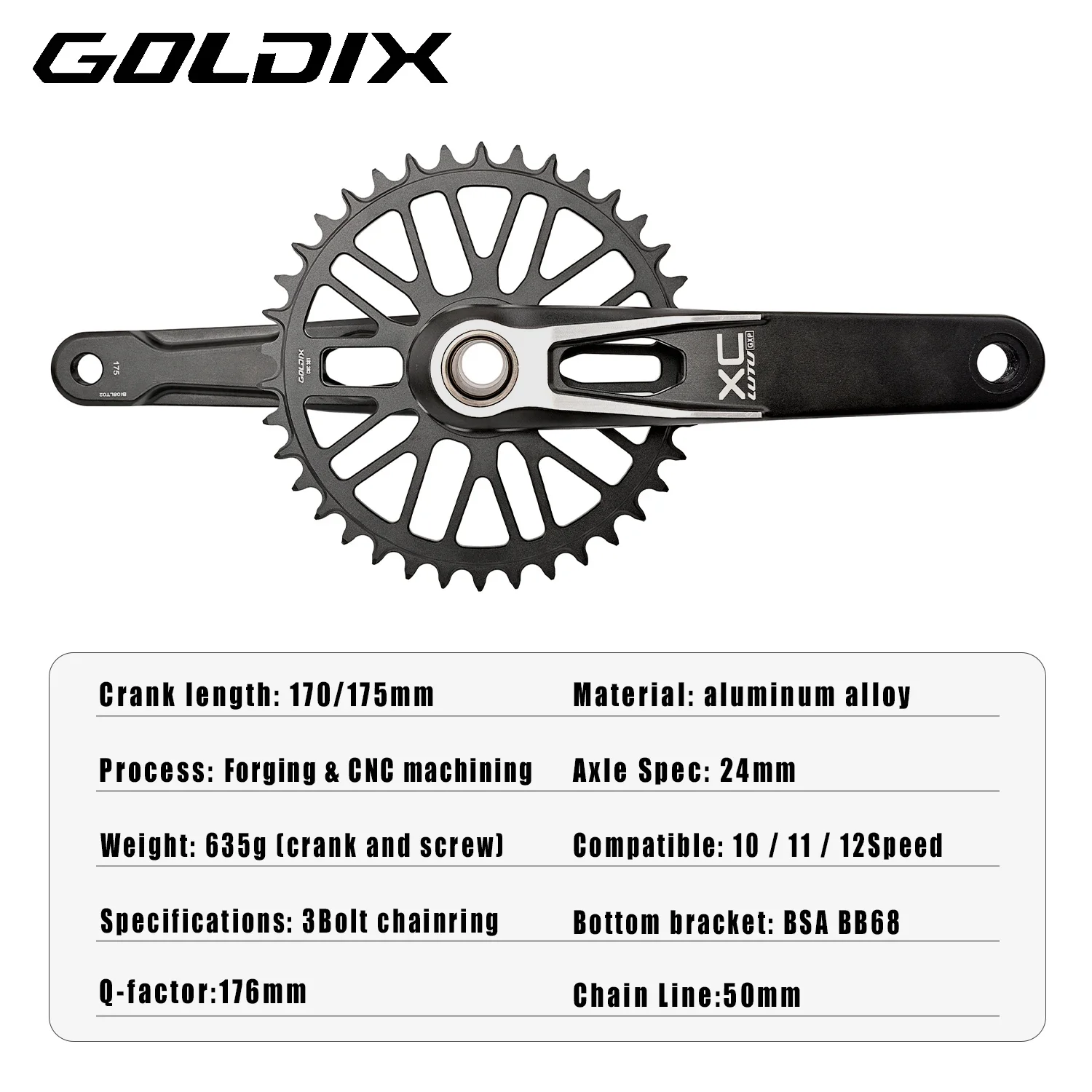 GOLDIX MTB Crankset 165/170/175mm Forged Alloy 3-Bolt Direct Mount 3mm Offset 34T 36T 38T 40T Narrow Wide XC AM Bike Crank Set