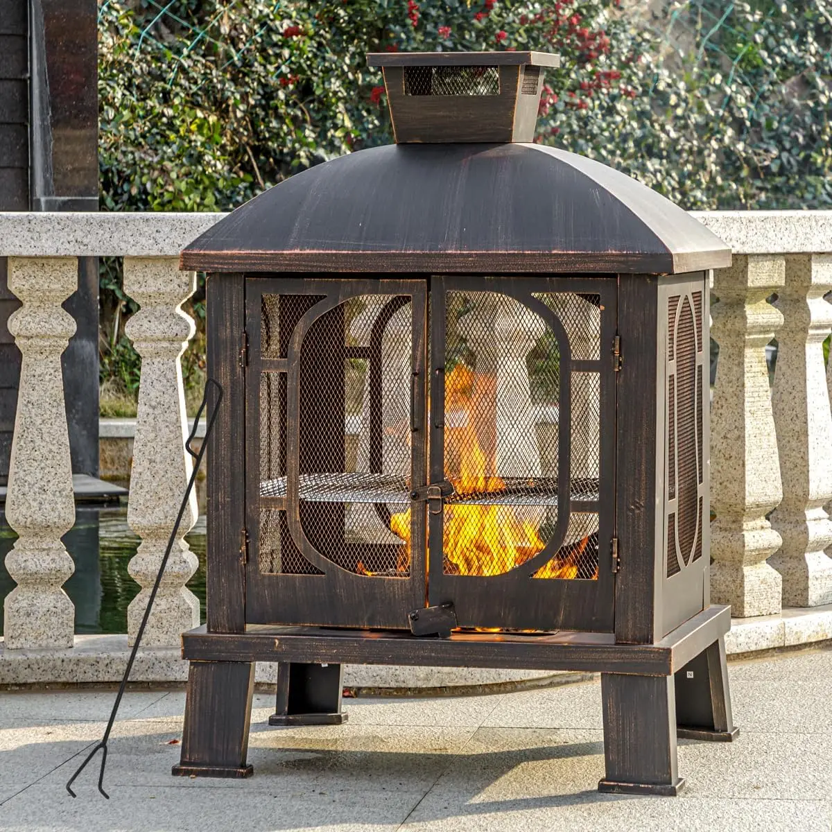 

Metal Chiminea Fire Pit with Grill, Wood Burning Fire Pits for Outside,Square Chimineas Fireplace with Mesh Spark Screen Door