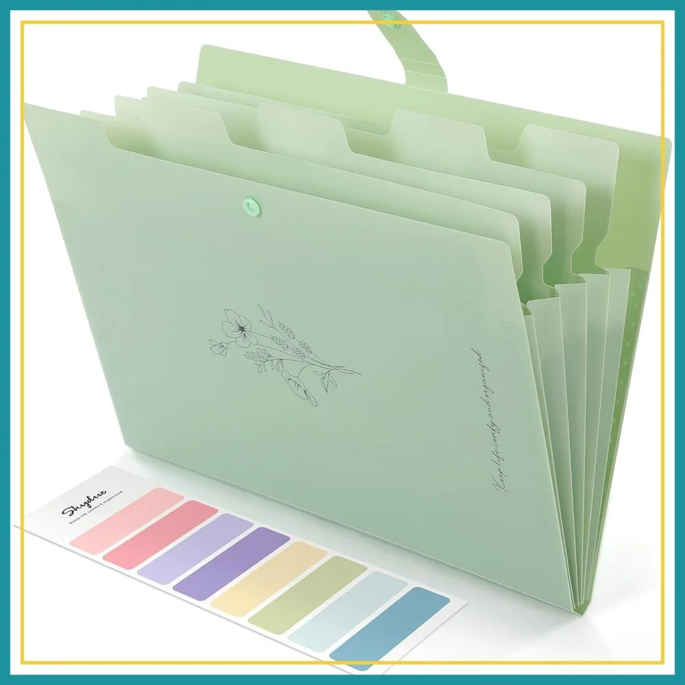 

5-Pocket Expanding File Folder, Aesthetic Accordion Organizer, Portable Document Bill Receipt Holder, Letter/A4 Size, Pea Green