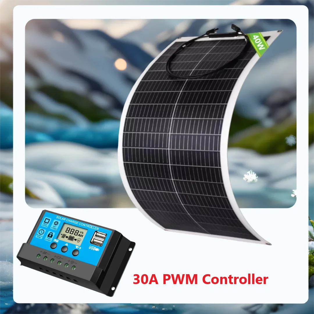PowMr 40W panneau solaire Flexible 2 pièces 40W cellule solaire Portable en option Kit de plaque solaire 60A contrôleur RV voiture Camping système solaire