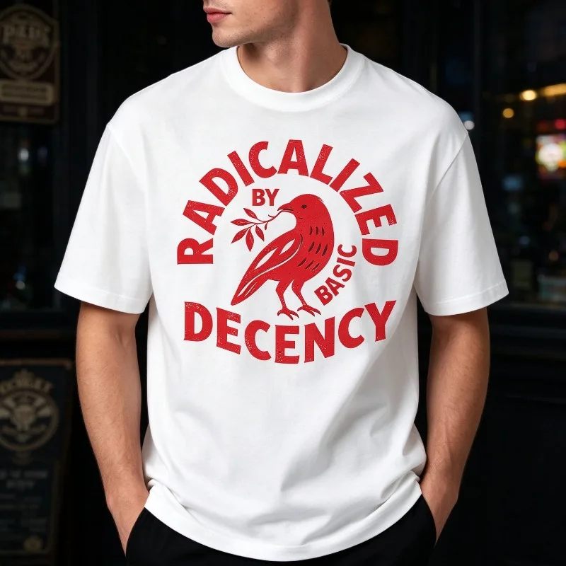 RADICALIZED BY BASIC DECENCY T-Shirt Men Modal Short Sleeve Crow Badge Graphic Casual Street Tee Top Y2K Retro Gothic Streetwear
