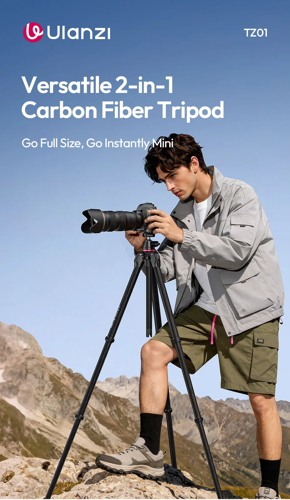 Ulanzi TZ01 Vielseitiges 2-in-1 Carbonfaser-Stativ Max. 1,6M Stativ mit Mini-Stativsäule für DSLR-Kamera für Outdoor-Reiseaufnahmen – Detail 1