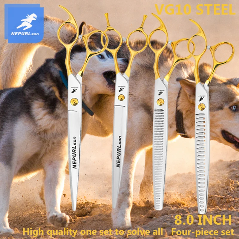 

Professional 8.0 INCH Pet Scissors Straight&Thinning&Curved&Chunker Grooming Shears Tool Set For Dog Grooming High JP VG10 Steel