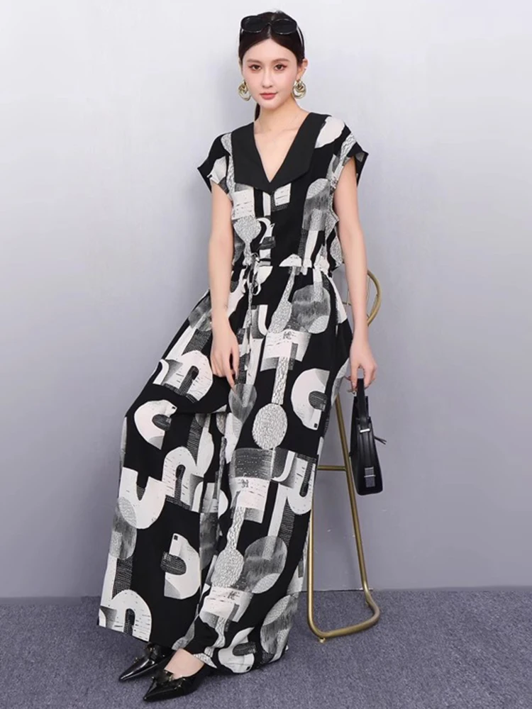 XITAO Drawstring Letter Print Jumpsuits Loose Casual Temperament Sleeveless Slimming Summer Woman Wide Leg Jumpsuits ZMY1305