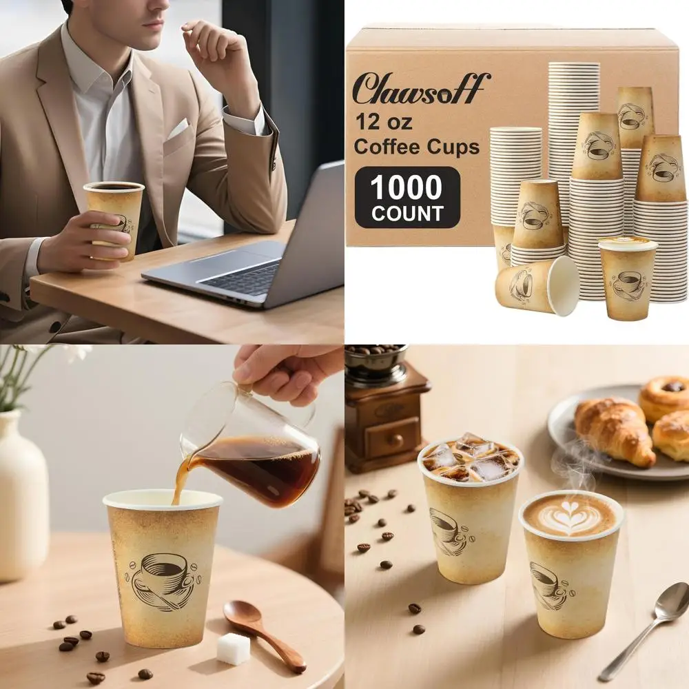 

100 Pack 12oz Disposable Paper Cups, Retro Style, Leak-Resistant for Hot/Cold Drinks, Ideal for Coffee, Cocoa, and More
