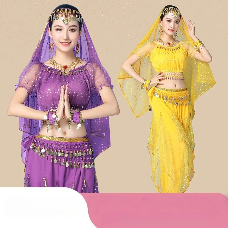 

Индийский костюм для танца живота, комплект для женщин, наряд для выступлений с укороченным топом и юбкой, платье для ближневосточного танца, костюм Болливуда