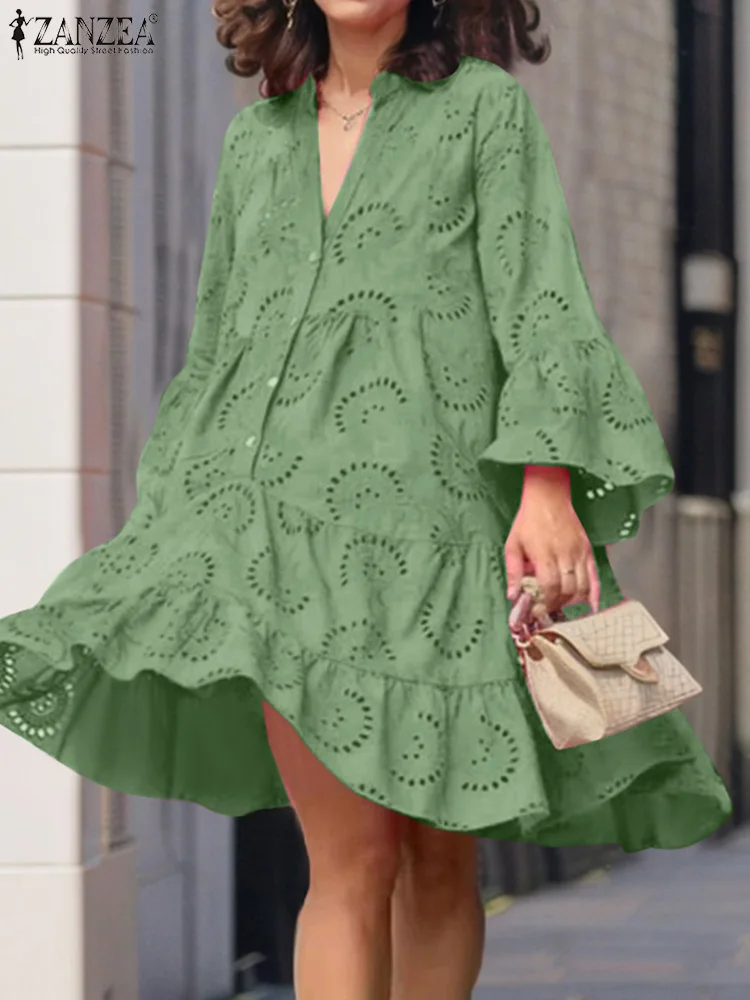 ZANZEA Fashion Embroidery Sundress Autumn Flare Sleeve Party Ruffles Dress Women's Dresses Casual Lace Crochet Loose Vestido