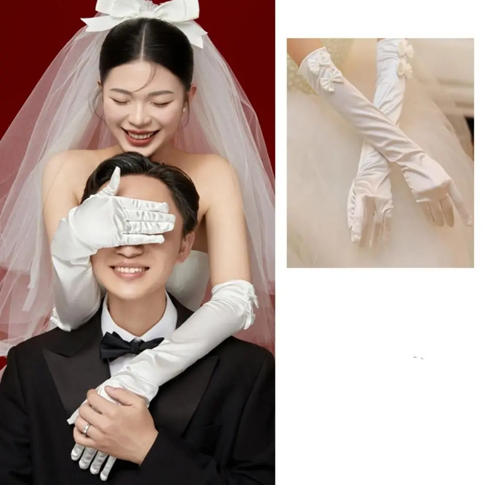 

Retro White Satin Long Gloves Lace Vintage Wedding Bridal Gloves Elastic Sweet Long Finger Mittens Dinner