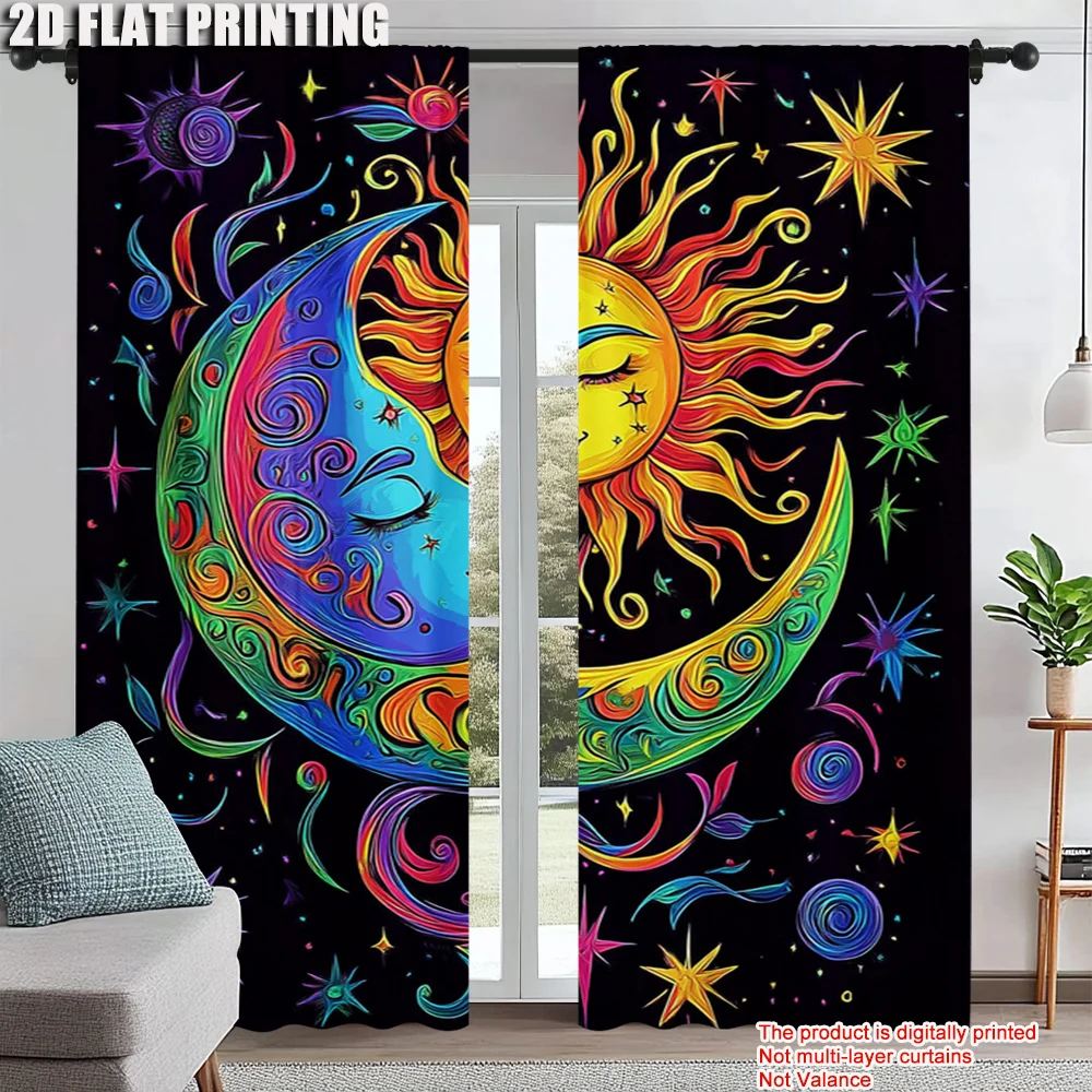 

2Pcs Abstract Sun Moon Pattern Window Curtains Rod Pocket Fantasy Style Decorative Curtain For Kitchen Living Room Office