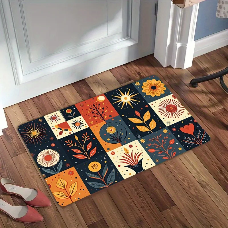 Retro Patchwork Floor Mat Color Block Grid with Folk Floral and Sun Motif Print Rug  Warm Bohemian Entryway Decor Pad