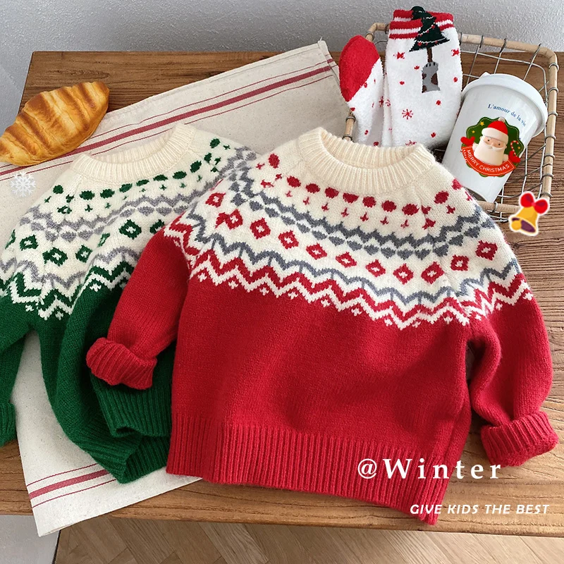 Winter Baby Boys Christmas Sweater Children's Jacquard Knitted Sweaters Pullovers Kids Cotton Clothes Toddler Girl Cardigan Tops