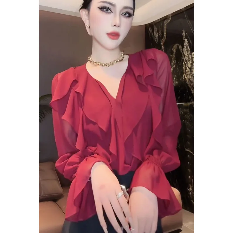 Camicia a maniche lunghe a tromba con scollo a V increspato alla moda primaverile da donna Top temperamento sottile versatile alla moda