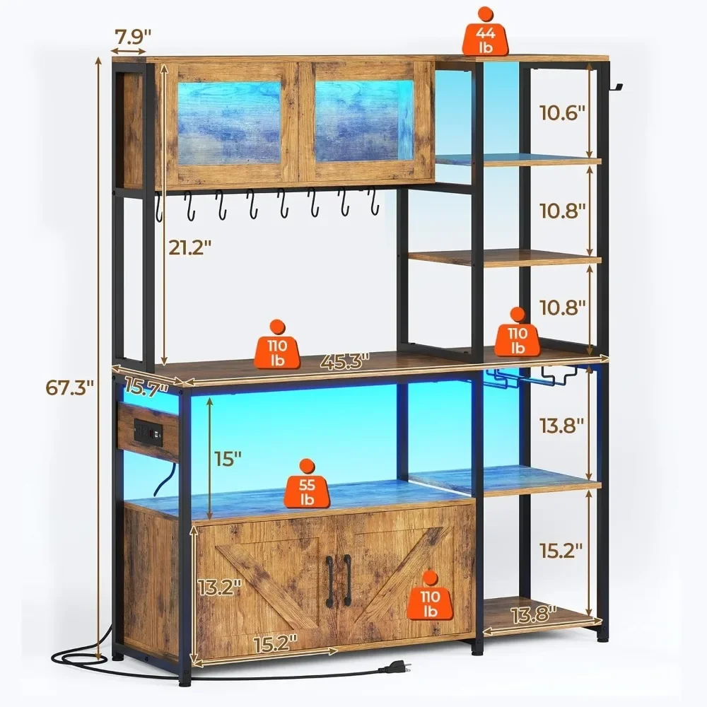 Itaar Bakers Rack with Power Outlet and LED Light, 45.3 Inch Farmhouse Coffee Bar Cabinet, Kitchen Microwave Stand with Storage